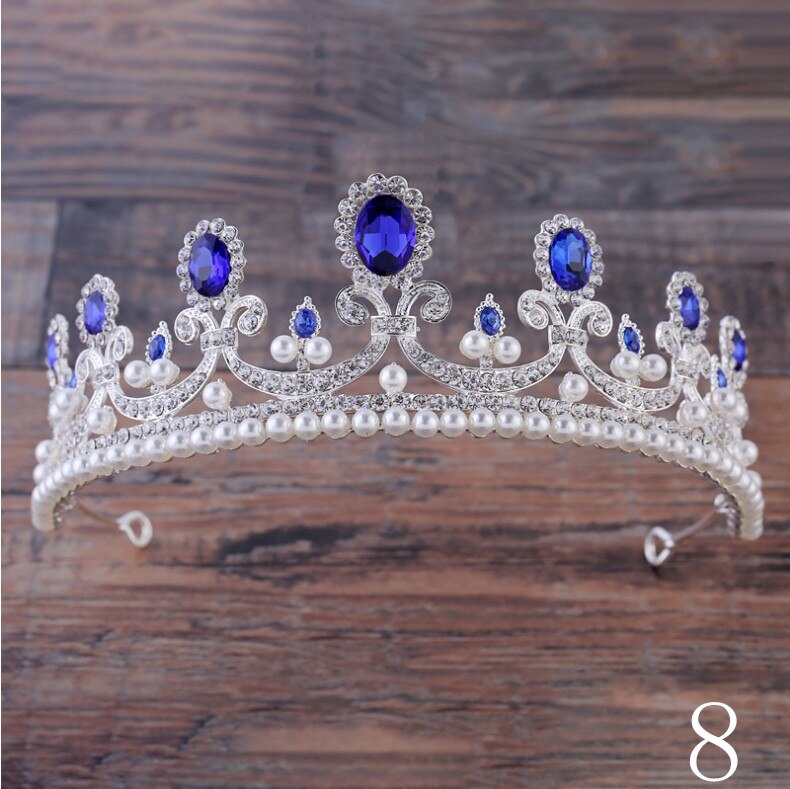 Baroque Luxury Handmade Rhinestone Bridal blue Crystal Big Crown Tiaras Diadem for Bride Headbands Wedding Hair Accessories: 8