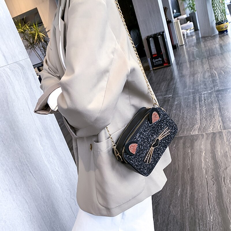 Trend kvinnliga väskor pu läder axelväska dam katt mönster kvinnlig messenger bag små handväskor