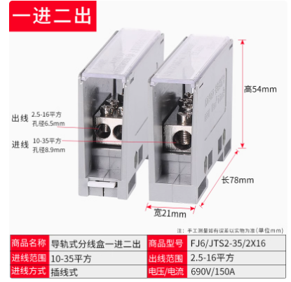 Fj6/ jts 2- skinne koblingsboks med flerbruksledning ,1 in parallell koblingsblokk for flere utganger til luftbryterboks: Mørk grå