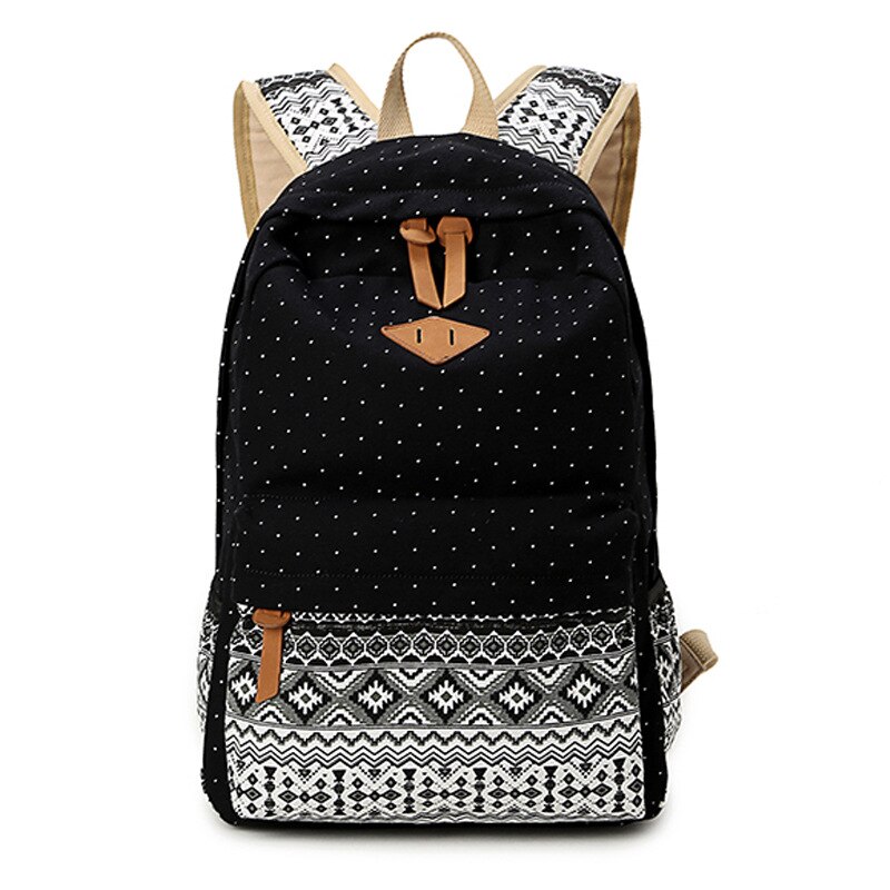 Vintage School Bags for Teenagers Girls Schoolbag Large Capacity Lady Canvas Dot Printing Backpack Rucksack Bagpack Book Bag: Black