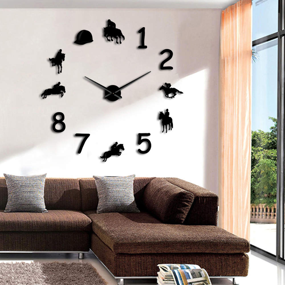 Cow-boys équestres bricolage grand nombre horloge murale moderne équitation sans cadre montre murale géant 3D miroir autocollant mural cavalier: Black / 27inch