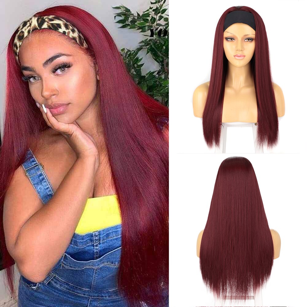 Stamped Glorious Synthetic Headband Wig Black Wig Long Straight Hair Heat Resistant Fiber Synthetic Wigs for Black Women: Red Wig