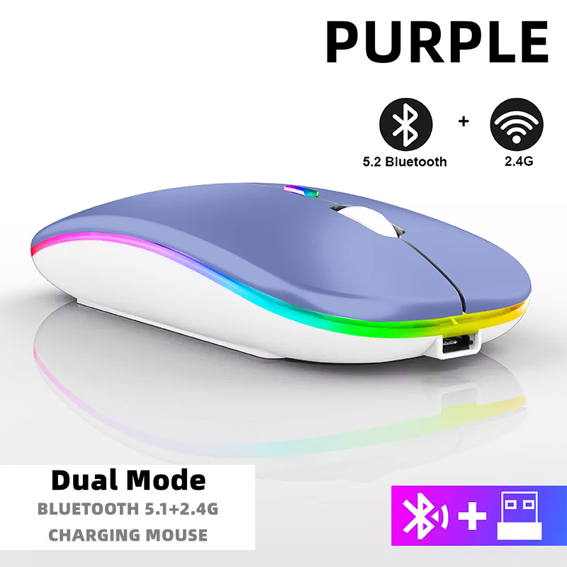 Ratón inalámbrico Bluetooth para tableta, teléfono, retroiluminación RGB recargable, para iPad, PC, portátil, tableta, teléfono, ratón USB de 2,4 GHz: Negro