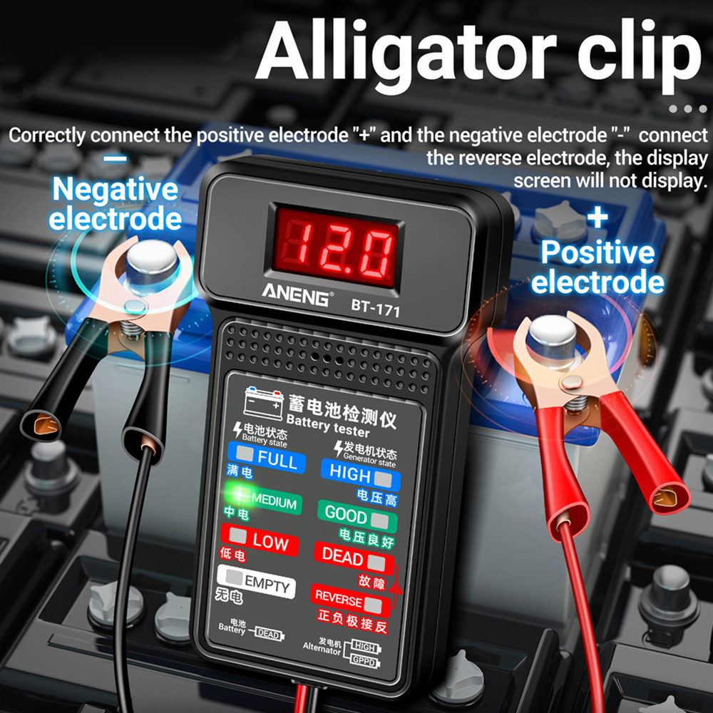 Probadores de batería multifuncionales BT-171, 12V, detección industrial de reparación de automóviles con pantalla LED de visualización inversa, diagnóstico de electricista