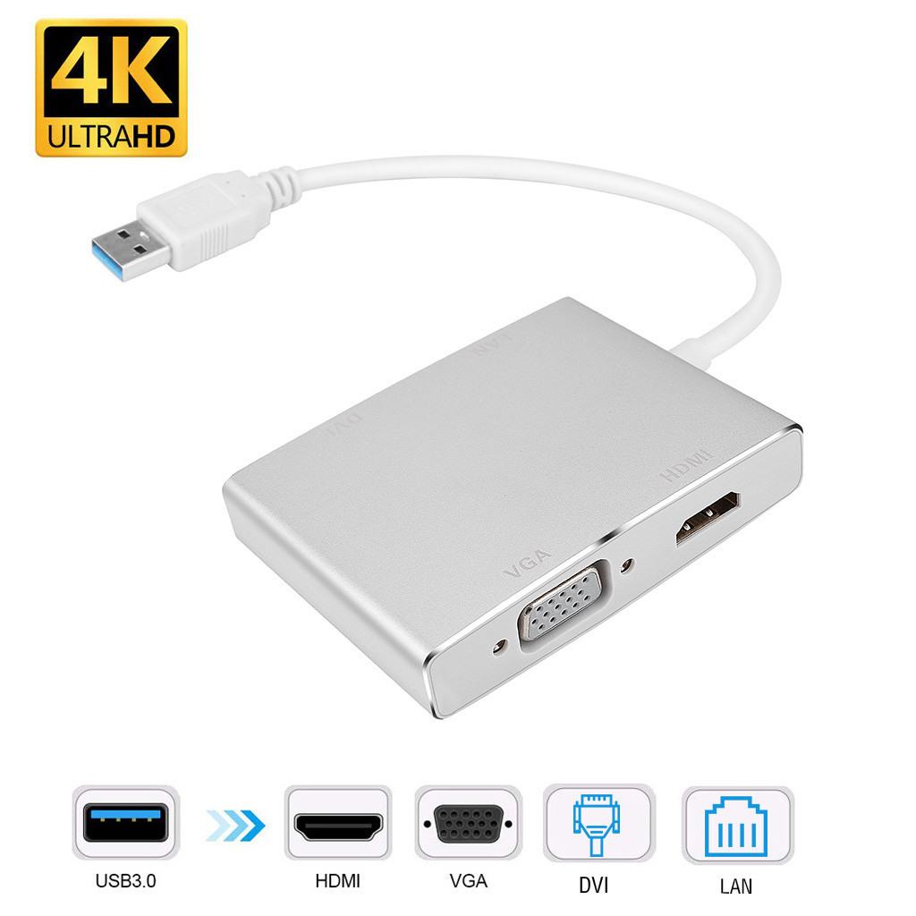 USB 3.0 to DVI VGA HDMI HD LAN Ethernet RJ45 Gigabit 4 IN 1 Converter Adapter USB Hubs