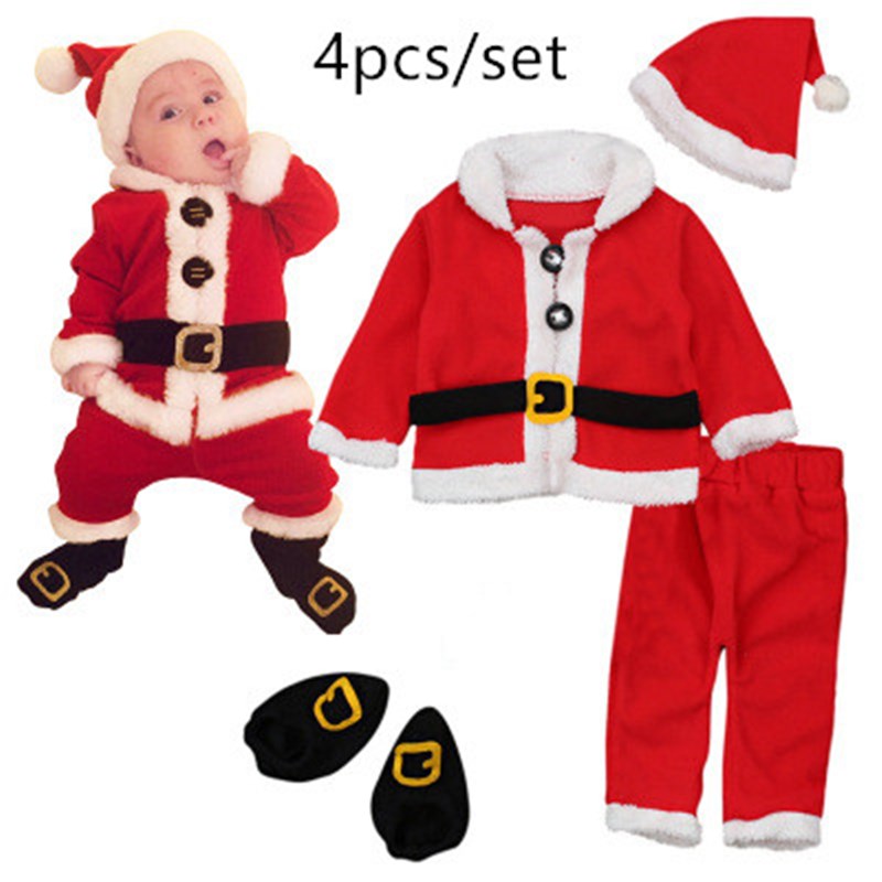 Baby Kleding Set Infant Kerstman Kostuum Lange Mouwen Tops + Broek + Hoed + Socking 4 Stuks kerst Baby Boy Kleding Set