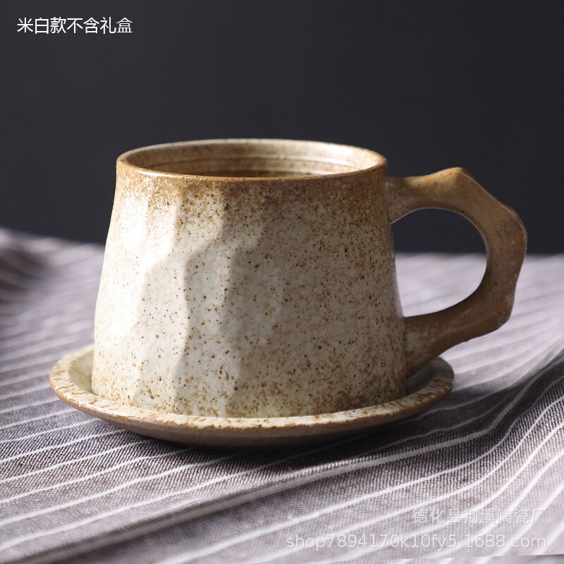 Japansk retro kaffekrus mælk kaffekop praktisk keramisk te øl krus morgenmad kop hjem drinkware med bakke: Hvid