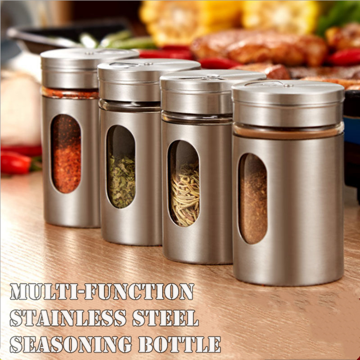 Tarros de especias de acero inoxidable, latas de condimento, tapa giratoria, salero, pimentero, palillo de dientes, botella para almacenamiento de condimentos, estante de especias de cocina