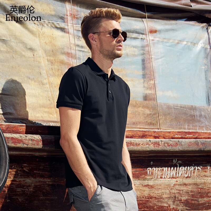 Enjeolon Brand Men Casual Short Sleeve Polo Shirts Men England Style Solid Black Clothing For Men Tops Tee T8953