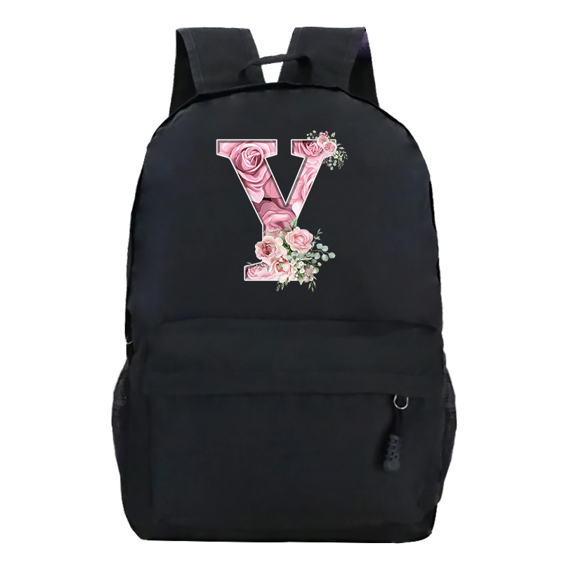 Pink Rose Alphabet Backpack Black Casual Women Aesthetics Rucksack Teenage Girl Boy Flower Letter School Bag Student Mochilas