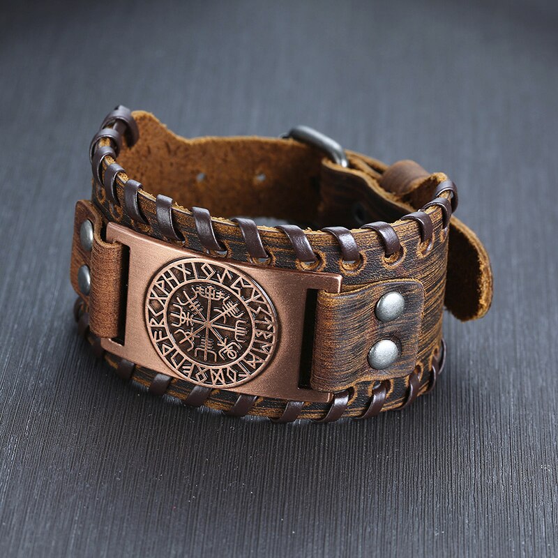 LEATHER VEGVISIR COMPASS BRACELET FOR MEN VIKING JWLELRY