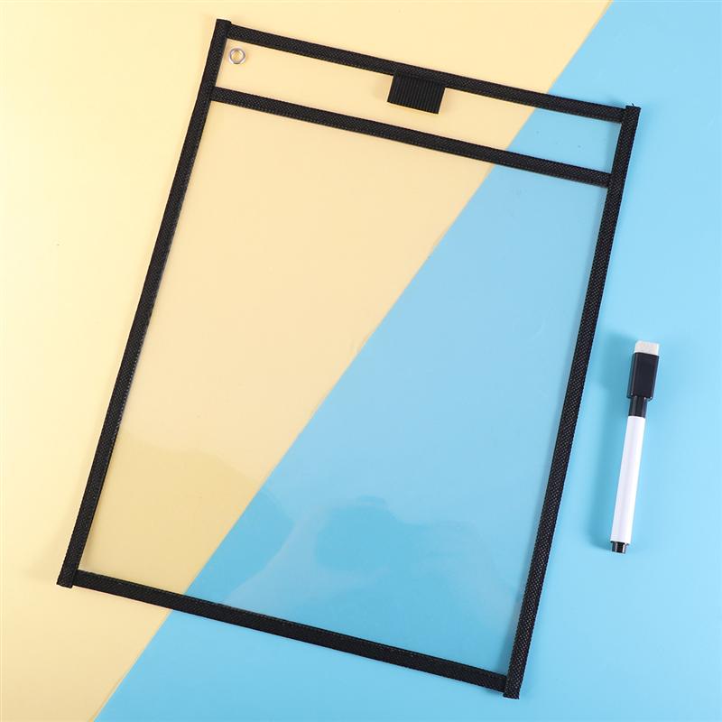 6PCS Reusable Clear PVC Dry Erase Pockets Sleeves with 6PCS Pens for Office Classroom Organization Teaching Supplies (Black)