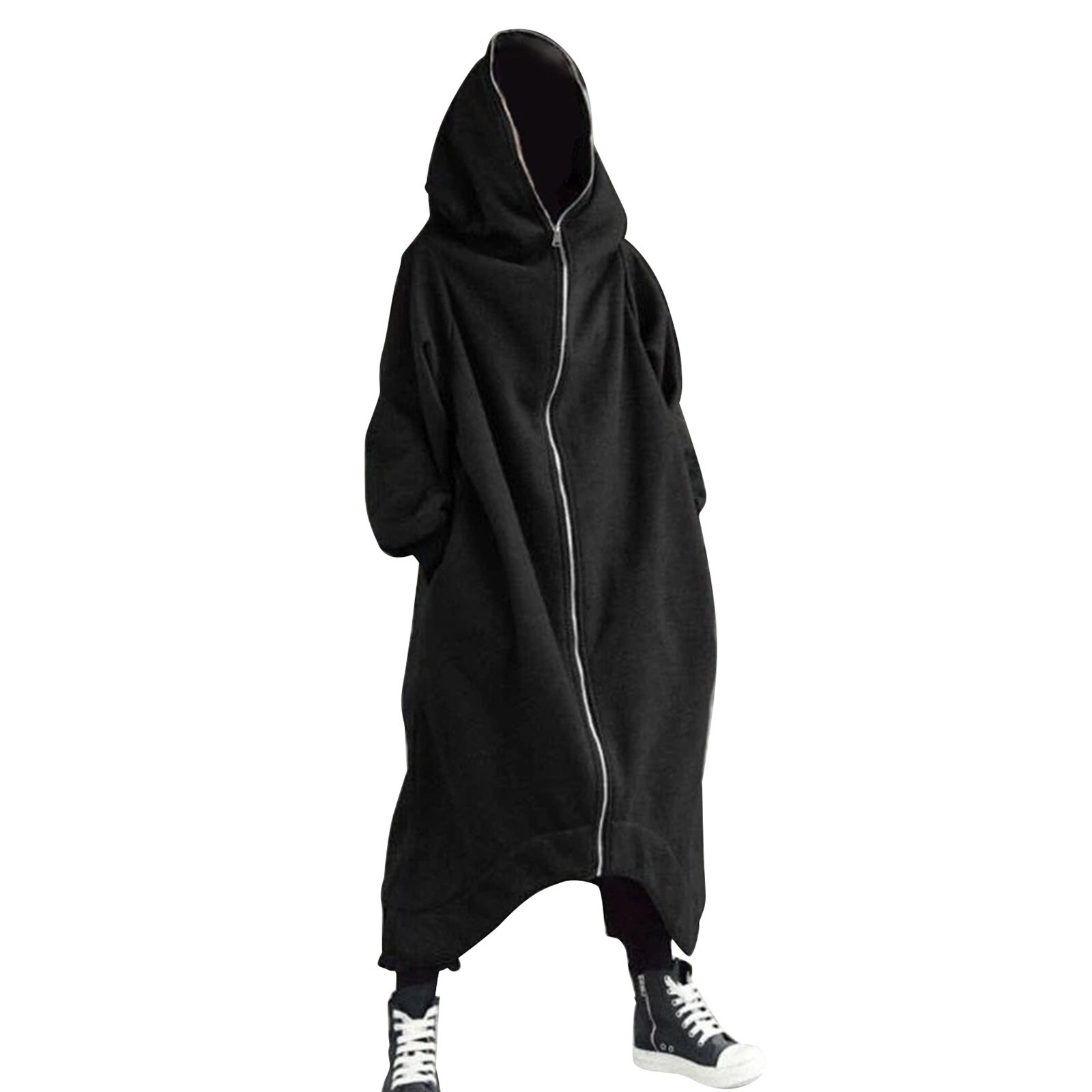 Unisex Long Sleeve Hooded Nazgul Long Coat Zipper Closure Fleece Lined Long Hoodie PUZ777: 5XL / Black