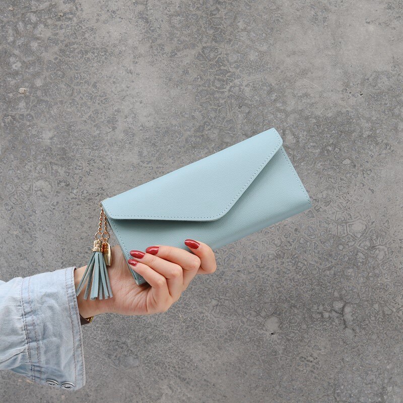 Women Leather Simple Long Wallet Tassel Coin Purse Card Holders Multi-card Position Female Wallet Portefeuille Femme: sky Blue