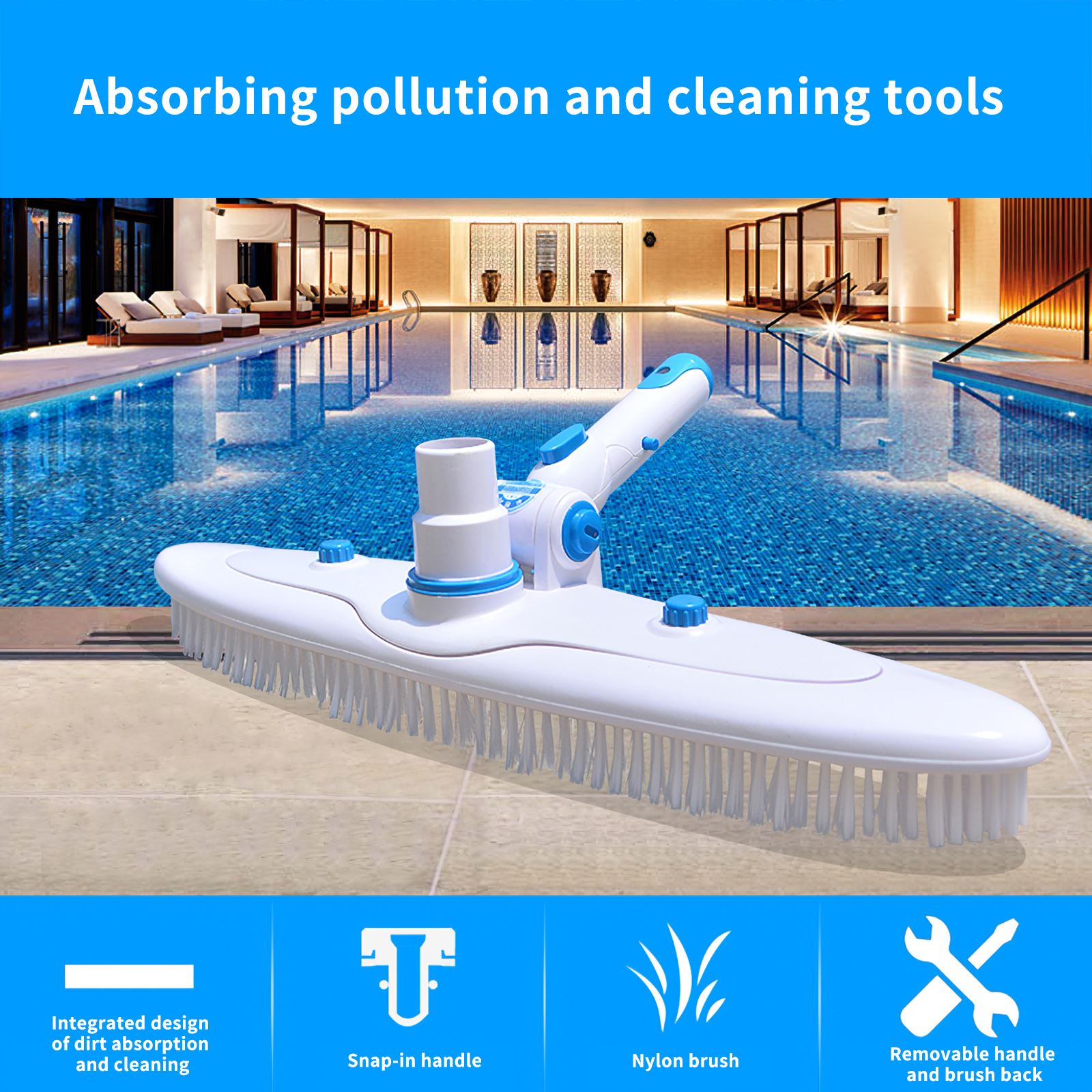 Swimming Pool Cleaning Brush With Removable Adjustable Suction And Cleaning Nylon Floor And Wall Brush For Swimming Pool Spa