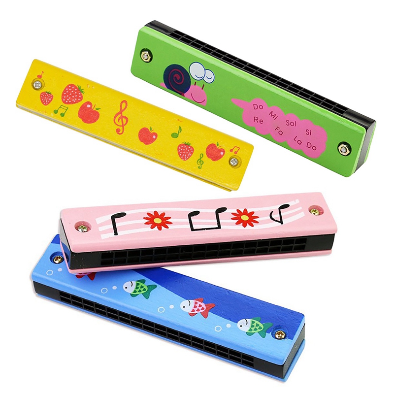 Wooden Harmonica For Children Toys Musical Instruments 16 Holes Double-Row Blow Cartoon Woodwind Mouth Harmonica