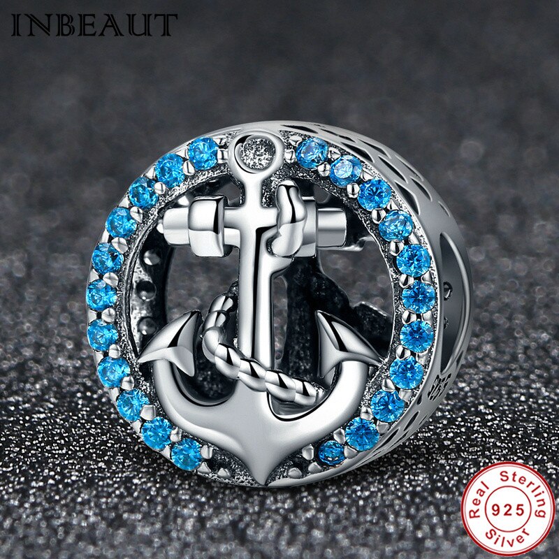 fit Europe Bracelet Vintage Ship Charm 925 Sterling Silver Round Ocean Blue CZ Sea Sailing Beads S925 Stamp DIY Jewelry