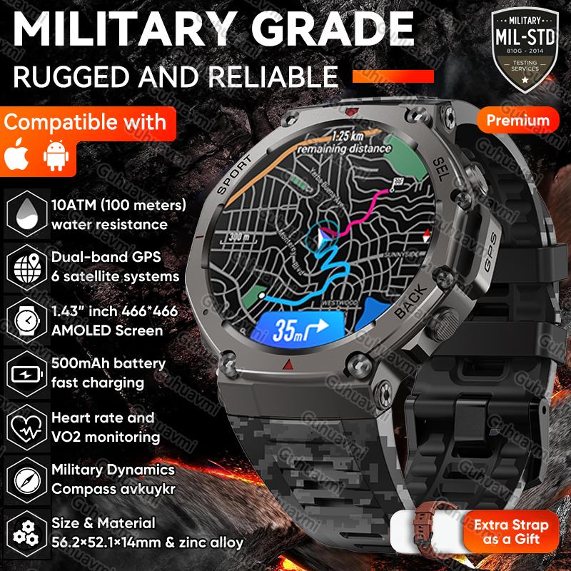 T-Rex 3 Wbudowany Dwuzakresowy GPS Wojskowy Smartwatch Męnarty Kompas Altimetr Barometryczny 10ATM i IP69K Wodoodporny 170+ Sportowy Smartwatch: Niebieski