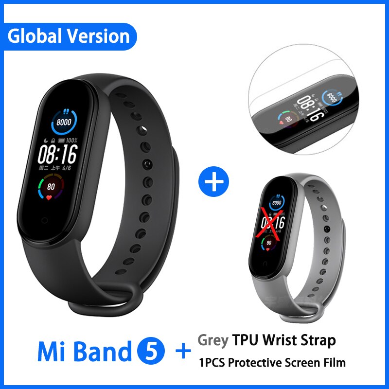 Xiaomi Mi Band 5 Smart Armband 4 Kleur Amoled Screen Miband 5 Smartband Fitness Traker Bluetooth Sport Waterdichte Slimme Band: GN add Grey film