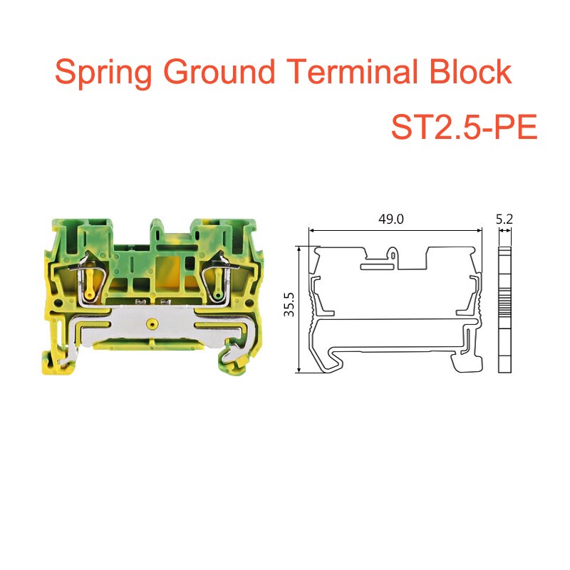 10Pcs Spring Ground Terminal Blocks ST2.5-PE Bornier Din Rail Yellow Green Earthing Terminals Block Wire Cable Connector 2.5mm2