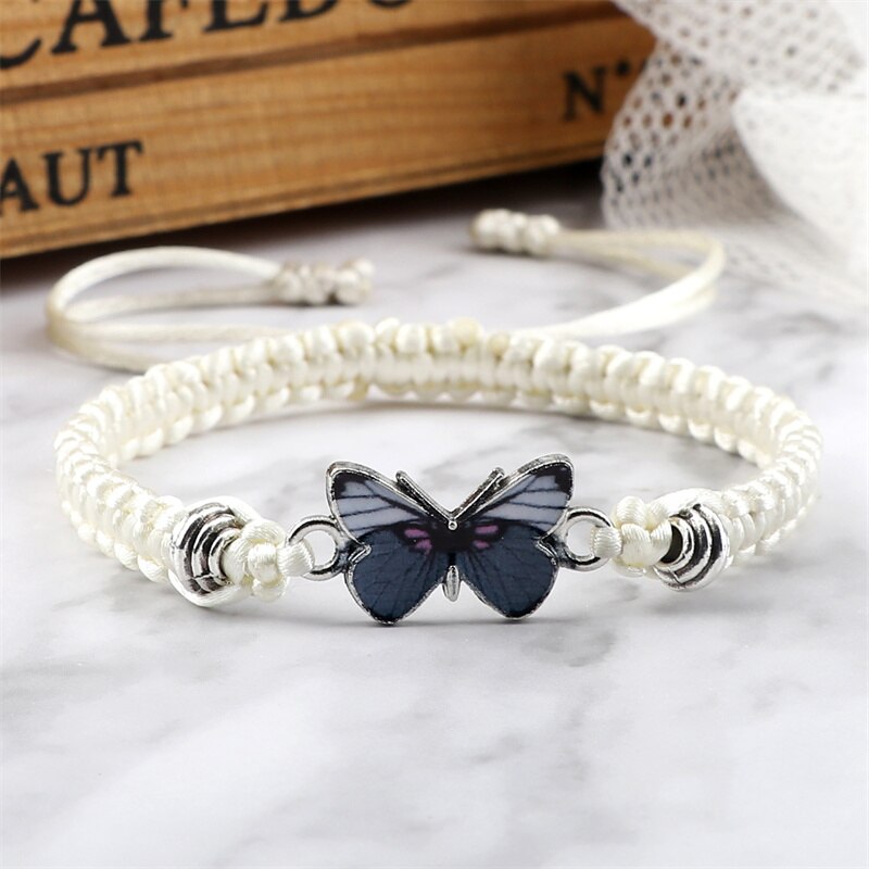 Grey Vlinder Hanger Armband Voor Vrouwen Handgemaakte Zwart Wit Touw Verstelbare Gevlochten Armbanden &amp; Bangles Fasion Meisjes Sieraden
