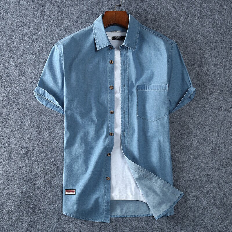 Sommer denimskjorte til mænd kortærmet stor størrelse løs skjorte tynde afslappede oversize skjorter cowboy bomuld 6xl 7xl 8xl 5xl: Himmelblå / 7xl-125-135kg