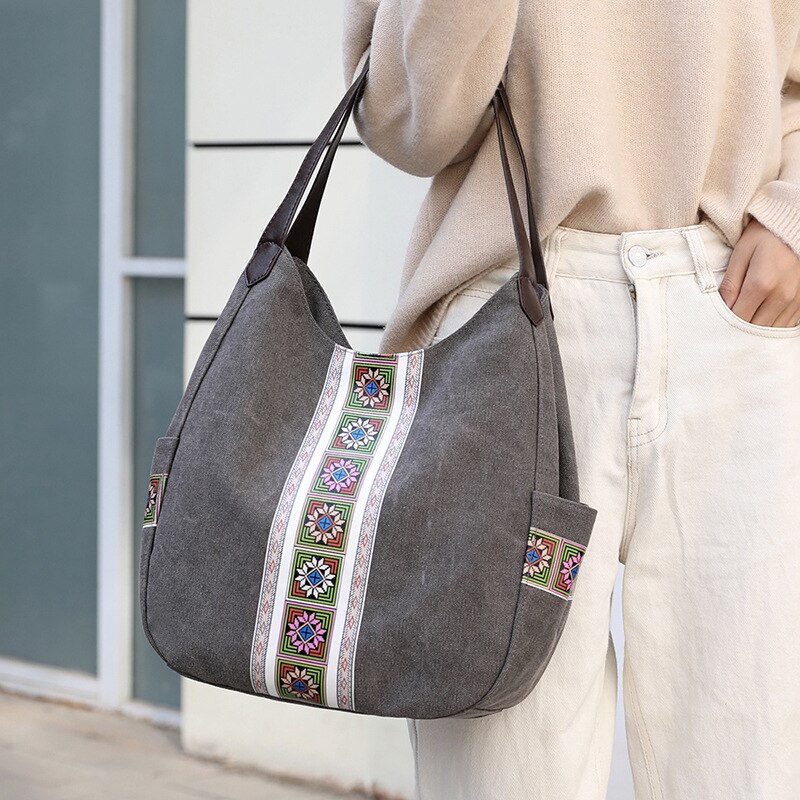 Bolso de hombro de lona para mujer bolso Vintage de flores para mujer Bolso grande Casual para mujer bolsos de mano de de para mujer