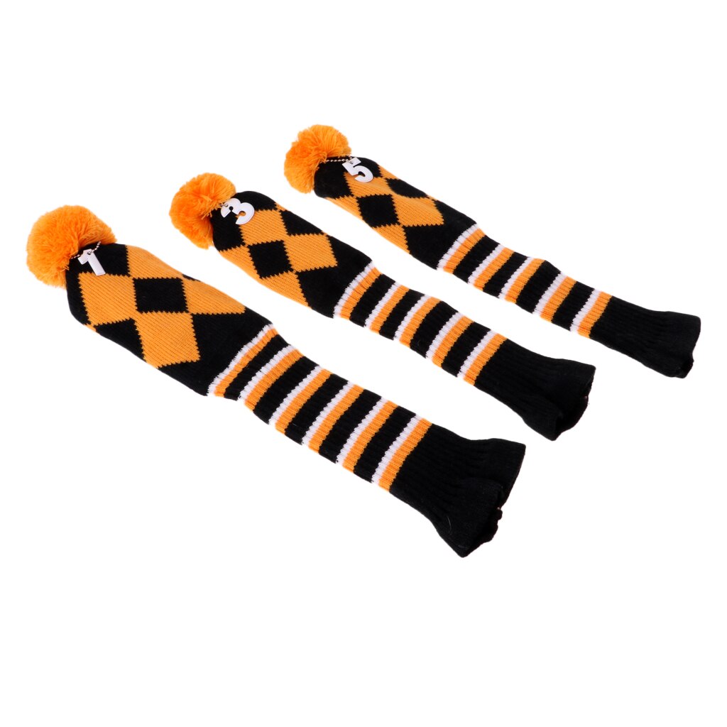 3 Pieces Golf Knit Pom Pom Headcover Driver Fairway Woods Head Covers Orange