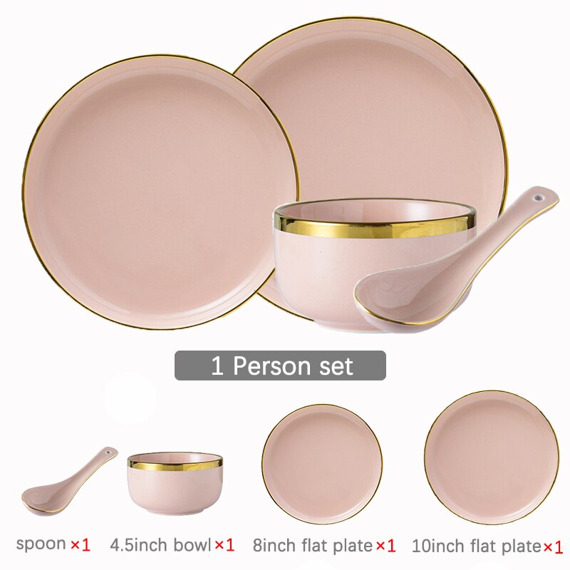 Pink Ceramic Dinner Plates Dishes Tableware Set Cake Food Plates Salad Soup Bowl Dinnerware Set for Restaurant Hotel: 1 person set