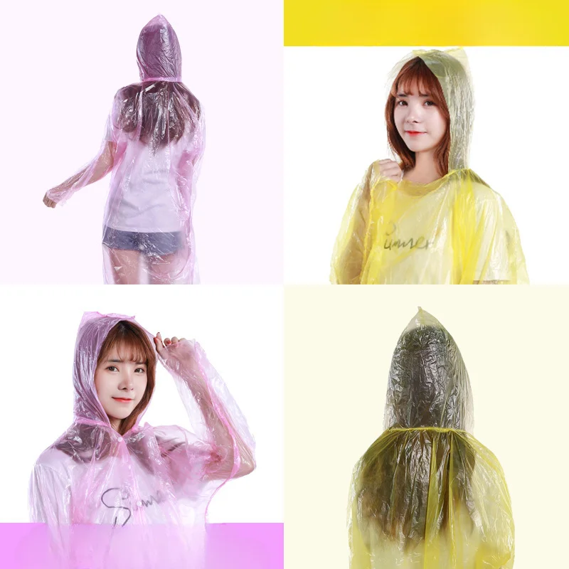 Engangs regnfrakke til voksne med tilfældig farve, poncho til vandreture, camping, hætte, motorcykel, regntøj, beskyttelsesudstyr, regnfrakker