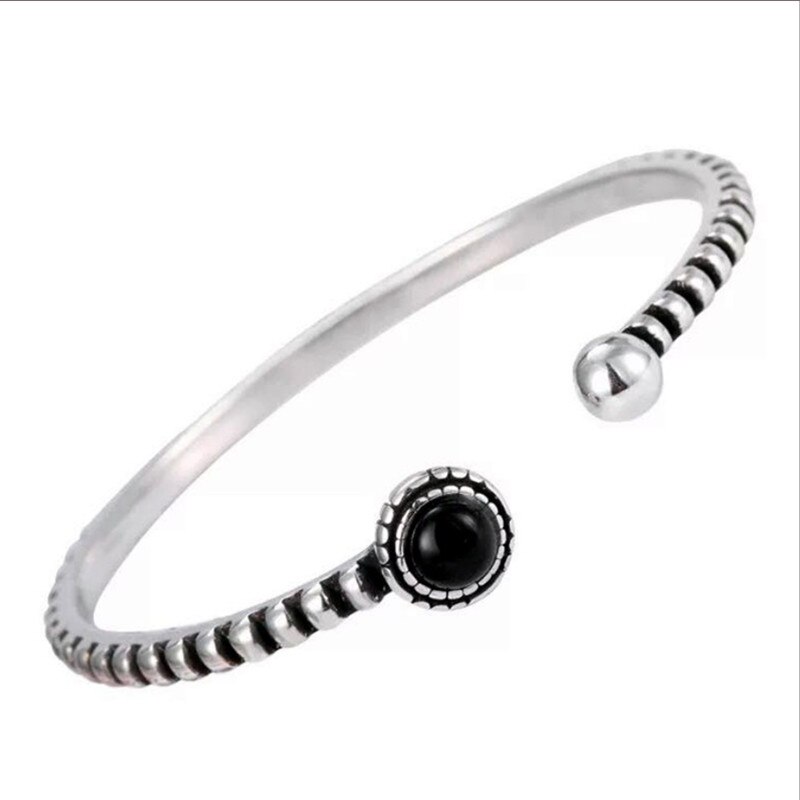 Retro 925 Sterling Silver Jewelry Bracelets Personality Round Black Gem Twist Wild Exquisite Bangles