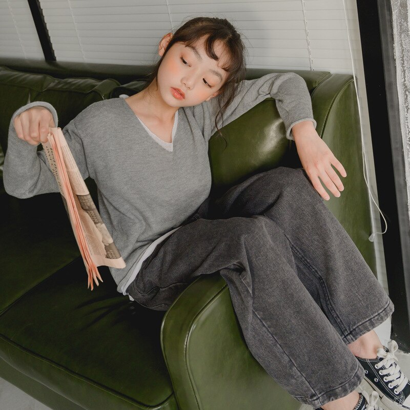 Teenage piger jeans børn efterårs tøj koreansk stil straight jeans børn piger brede ben casual bukser,  #9104