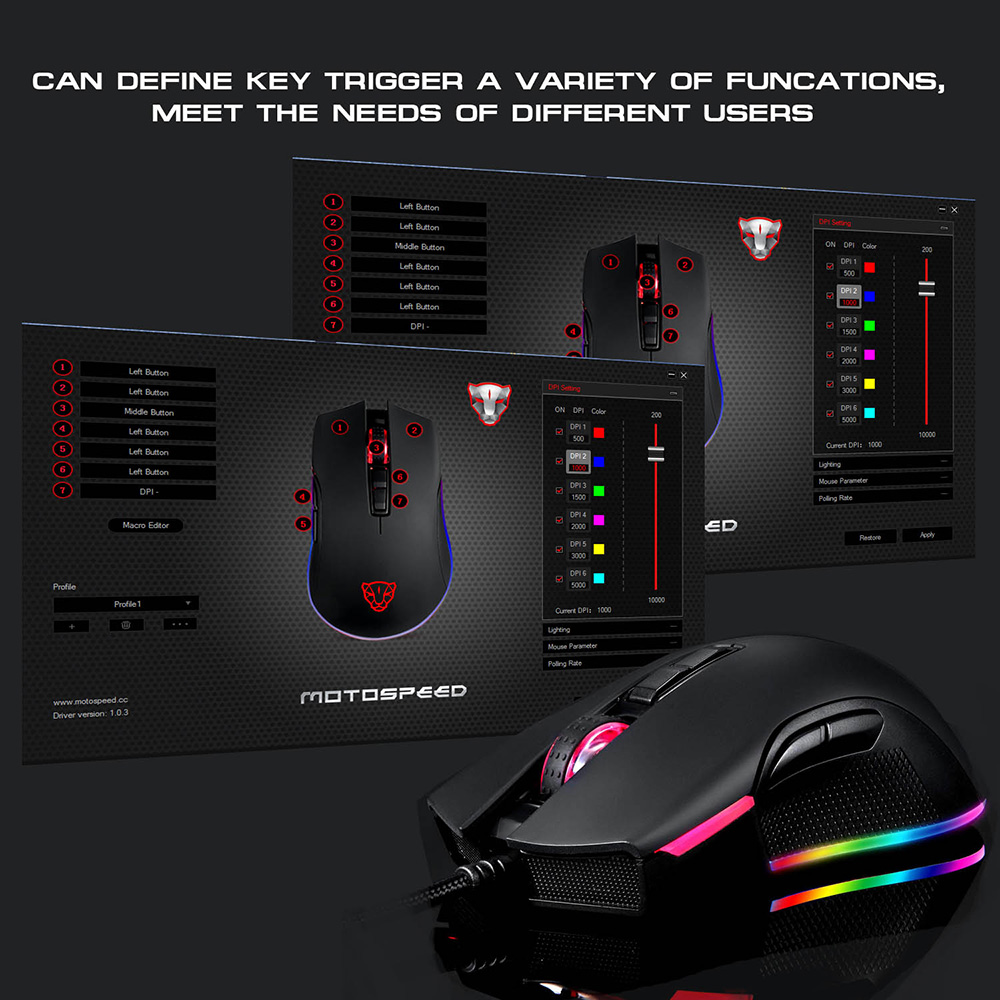 Motospeed V70 Wired Gaming Mouse Lightweight RGB Backlight 7 Keys Macro Programming Optical Sensor Mouse Gamer For PC Laptop