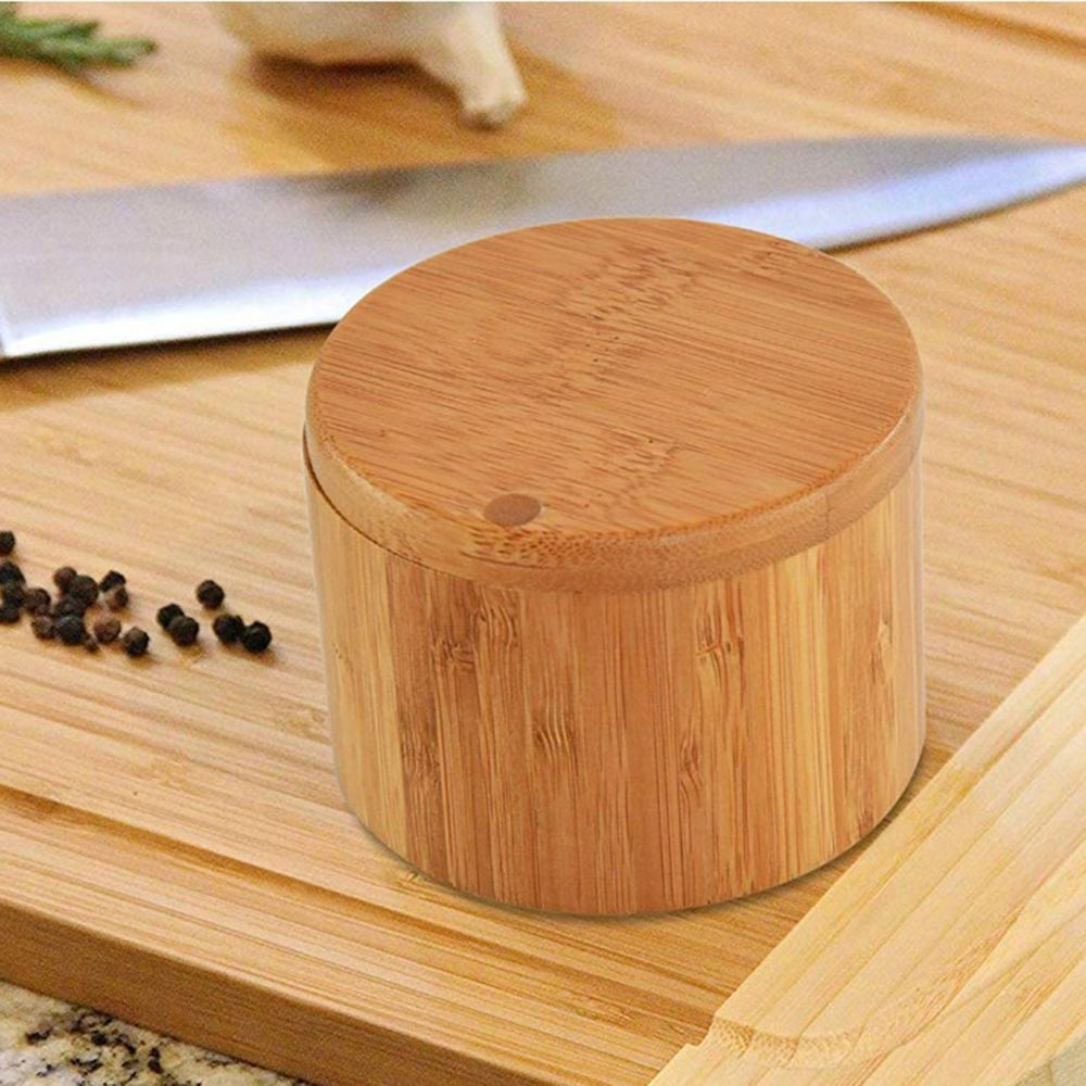 Tarro de especias de madera redonda Natural sal de bambú caja contenedor cocina moderna caja de almacenamiento con tapa de imán hierbas aromáticas herramientas sal caja