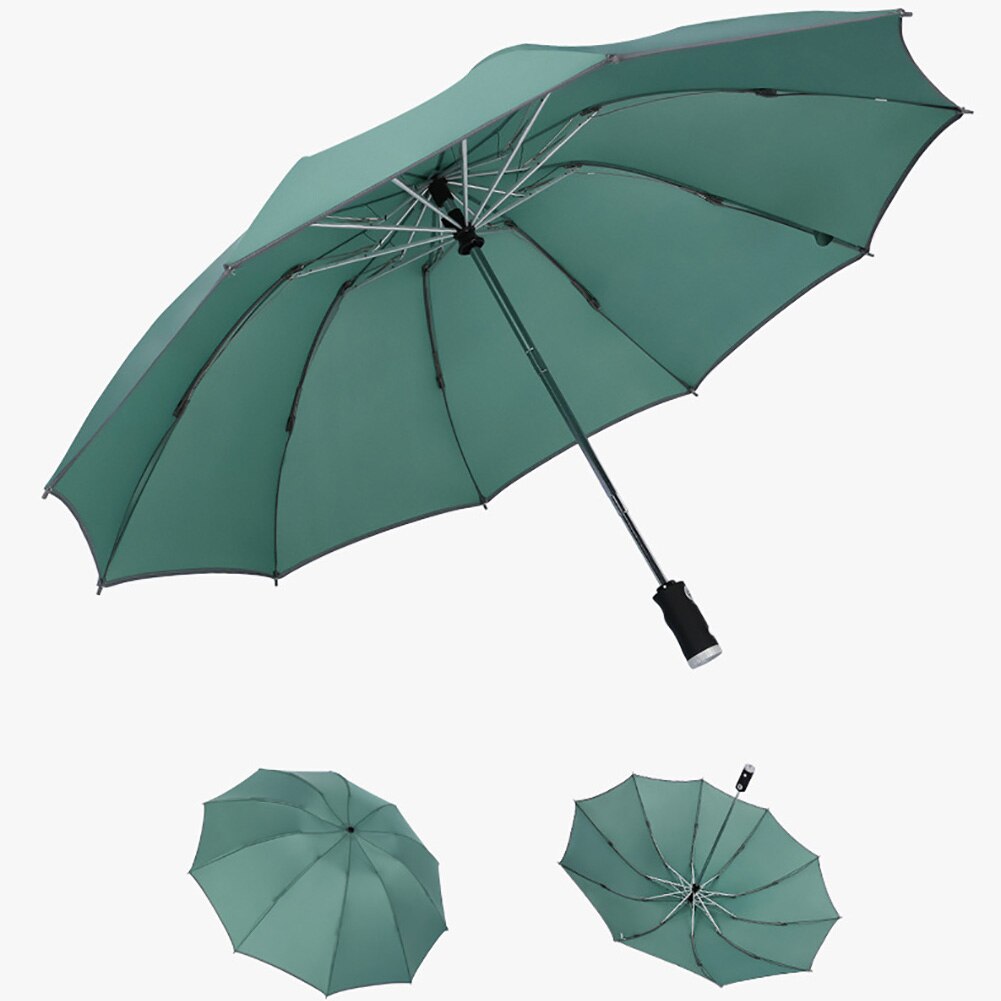 Three-fold Automatic Reverse Umbrella Portable Folding Waterproof Reflective Edge LED Light Sun Block Umbrella Parasol: green