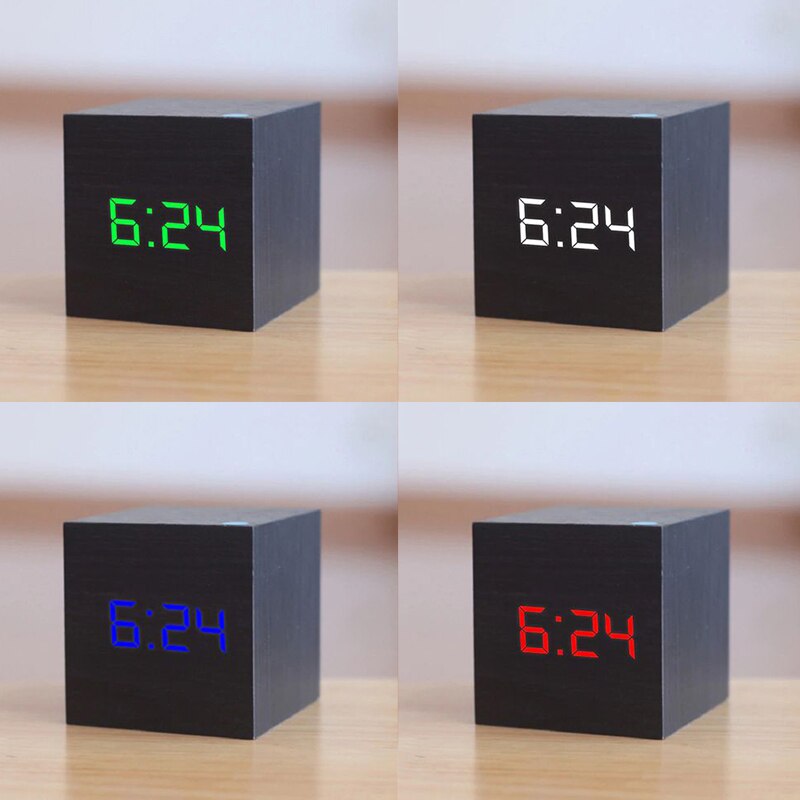 1PC Modern Wooden Cube USB Voice Digital Alarm Clock Digital Alarm LED Display Despertador Luminous Control Clock