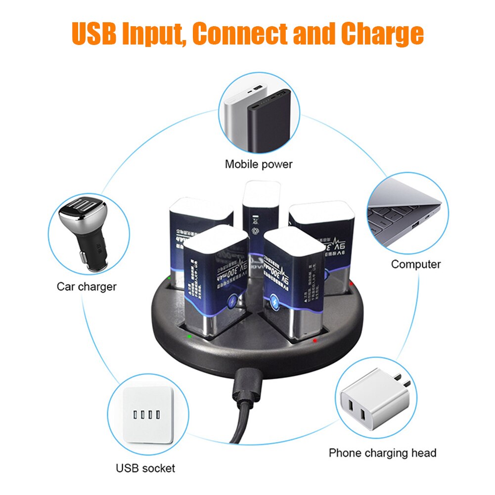 2/5 Slots 6F22 9V Battery Charger USB Charger Smart Battery Charging Station for 9V Lithium Nimh Nicd Rechargeable Batteries