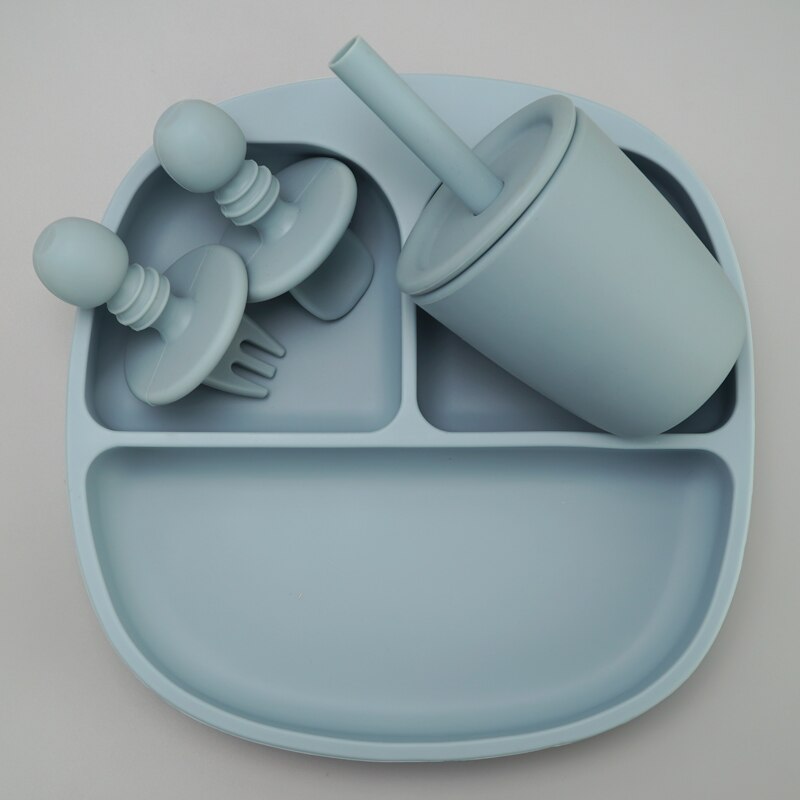 BPA Free Children's Tableware Baby Feeding Solid Food Dinner Set Plates Training Bowl Feeding Dishes Spoon Fork Straw Cup