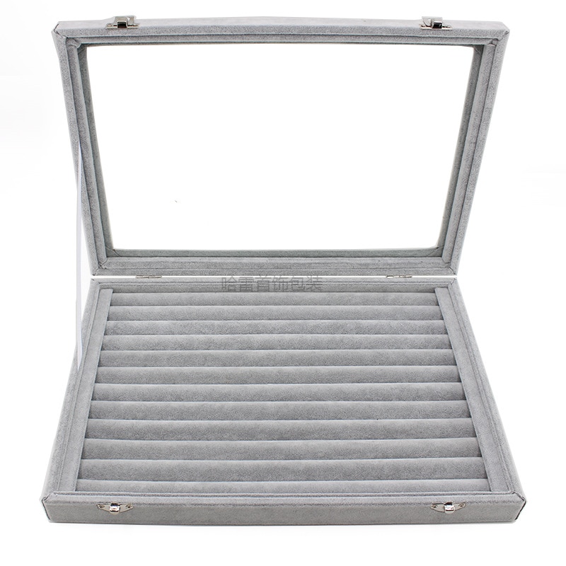 Big Velvet Gray Carrying Case with Glass Cover Jewelry Ring Display Box Tray Holder Storage Box Organizer Earrings Ring Bracelet