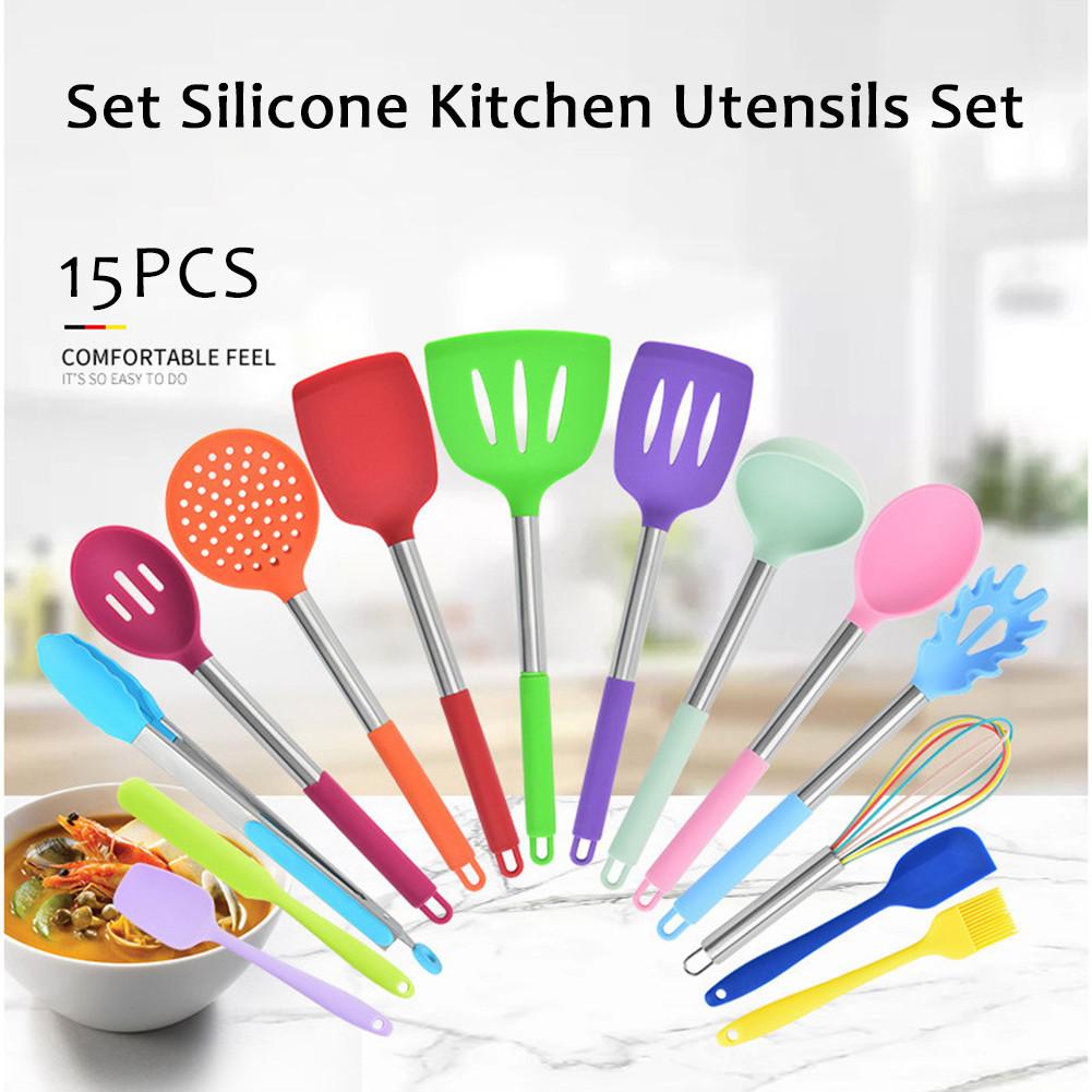 15PCS/Set Silicone Kitchen Utensils Set With Stainless Steel Handles Color Heat Resistant Non-stick Cooking Spoon Shovel Set: Default Title