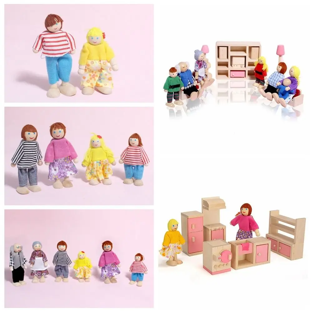 Giocattolo in legno Persone Bambole Famiglia multicolore Mobilità articolare Giocattolo Figura impostato Puntelli per foto Regalo per bambini Casa delle bambole in legno