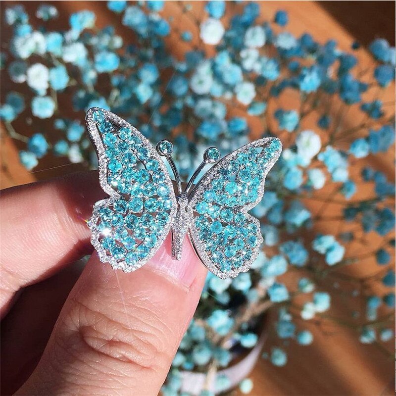 sehen Blau Zirkon Schmetterling Ringe Für Frauen Schmuck Silbrig Ring Weibliche Süße Große Ring Damen Boho Hochzeit Promiae Ringe: 7