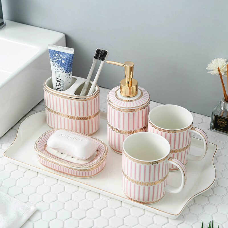Luxury Blue Gold Ceramic Bathroom Five-piece Bathroom Supplies Soap Dispenser Brushing Mouth Cup Soap Dish Tray Toiletry Set