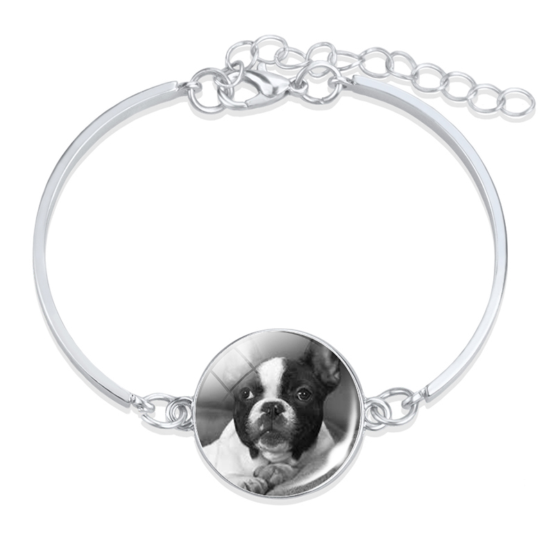 1pc Bulldog de Metal de Color plata Pulsera Retro Animal perro Cabochon de vidrio de bisutería con de barras brazalete de las mujeres accesorios: 5