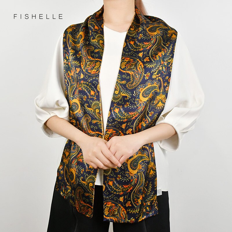 retrò blu Marina Militare anacardi donna sciarpe di seta strette su dovuto lati fazzoletto da collo in seta naturale fascia collo lungo sciarpa fascia per signora