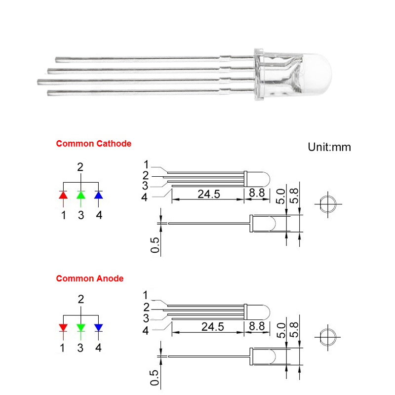 50 STUKS 5MM RGB Tricolor LED Gemeenschappelijke Anode DIP-4 Water Clear 4 Pins Controlable LED Lamp Licht kralen