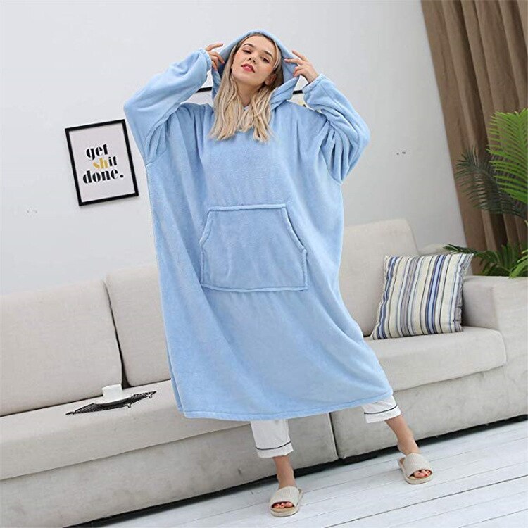 Super Long Oversized Blanket HoodieWinter Hooded Wearable Family TV Blanket with Sleeves Thicken Sherpa Fleece Hoody Sweatshirt: Blue