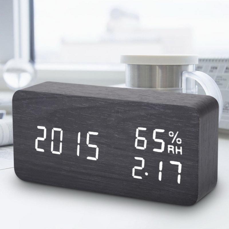 LED Wooden Alarm Clock Desktop Watch Voice Control Temperature Humidity Living Room Display Desk Alarm Clocks Home Decor