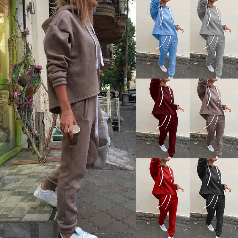 Vrouwen 2 Stuk Outfits-Effen Pullover Trainingspakken Lange Mouw Sweatshirt Skinny Lange Broek Fitness Trainingspak Set