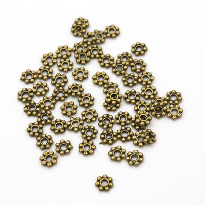 Marguerite de roue, charme de fleurs, marguerite, couleur or argenté tibétain, 4mm, perles métalliques avec espacement ample, pour la fabrication de bijoux, accessoires d'aiguilles, 1000 pièces: Antique Bronze